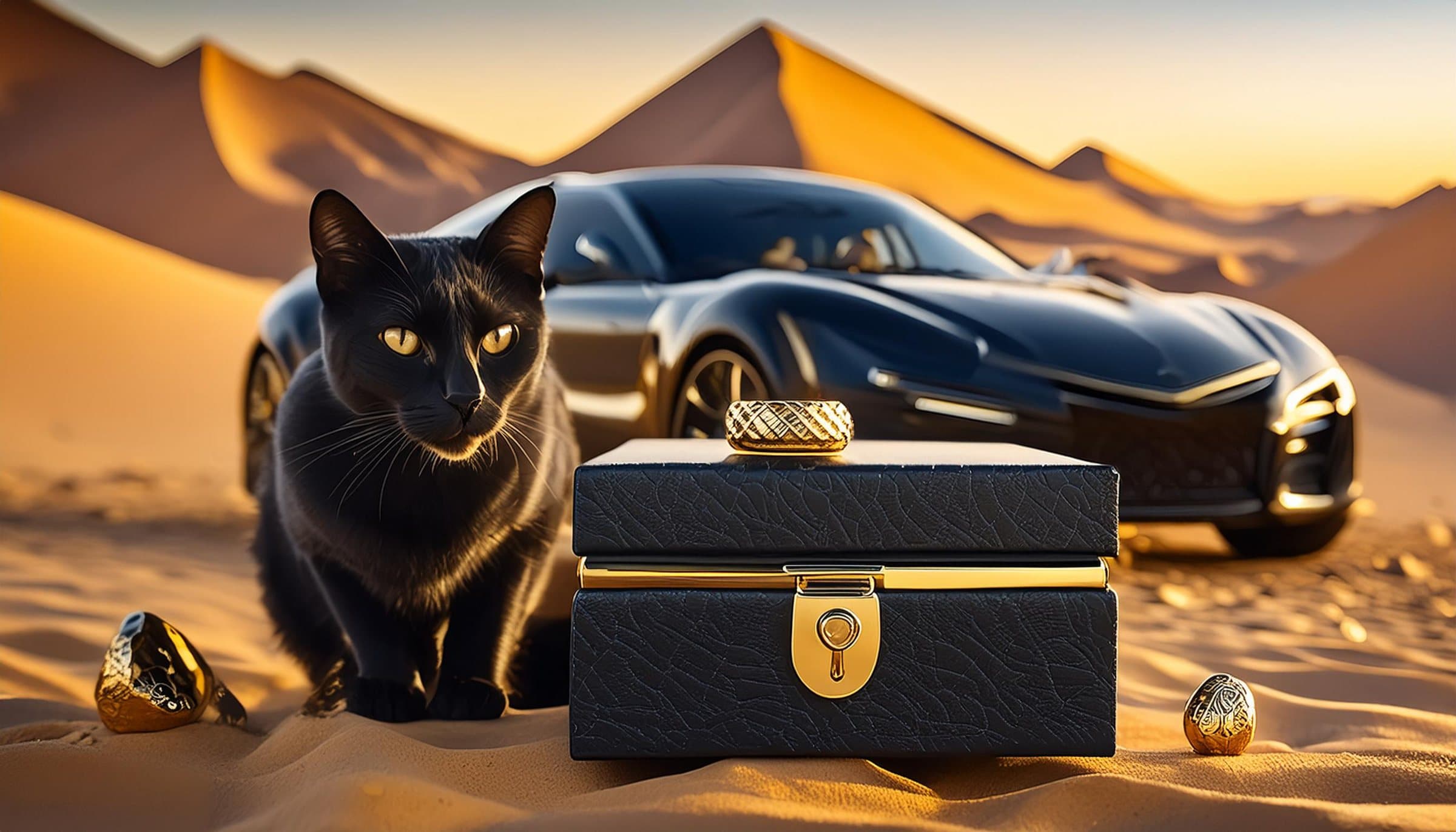 Gato preto ao lado de um porta-joias de couro com anel de ouro, no deserto
