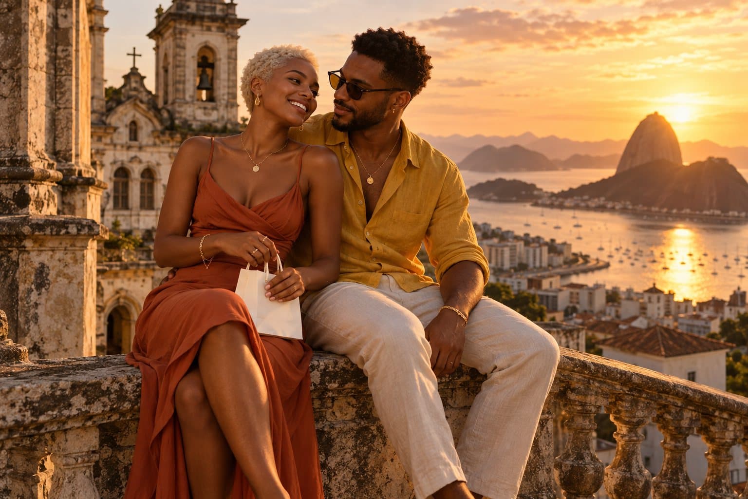 Casal sorrindo sentado num mirante do Rio de Janeiro ao pôr do sol