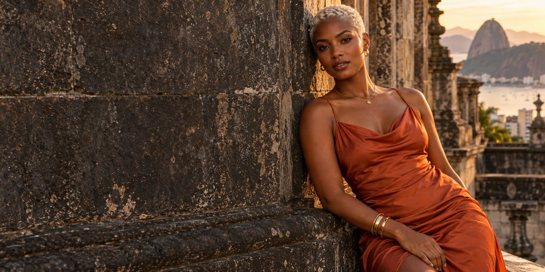 Mulher com colar e braceletes de ouro encostada num muro de pedra, com o Pão de Açúcar ao fundo