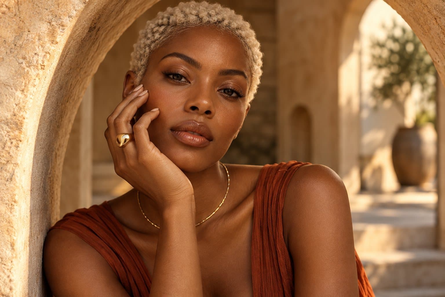 Mulher com anel e colar de ouro sob um arco de pedra