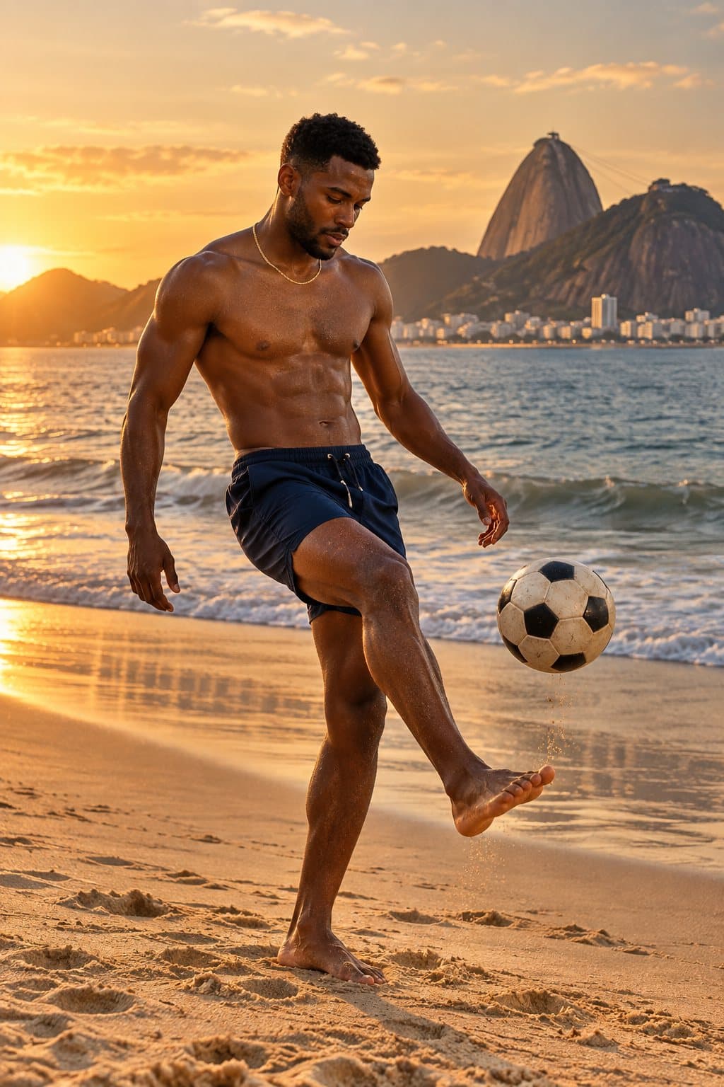 Homem jogando altinha com bola de futebol na praia