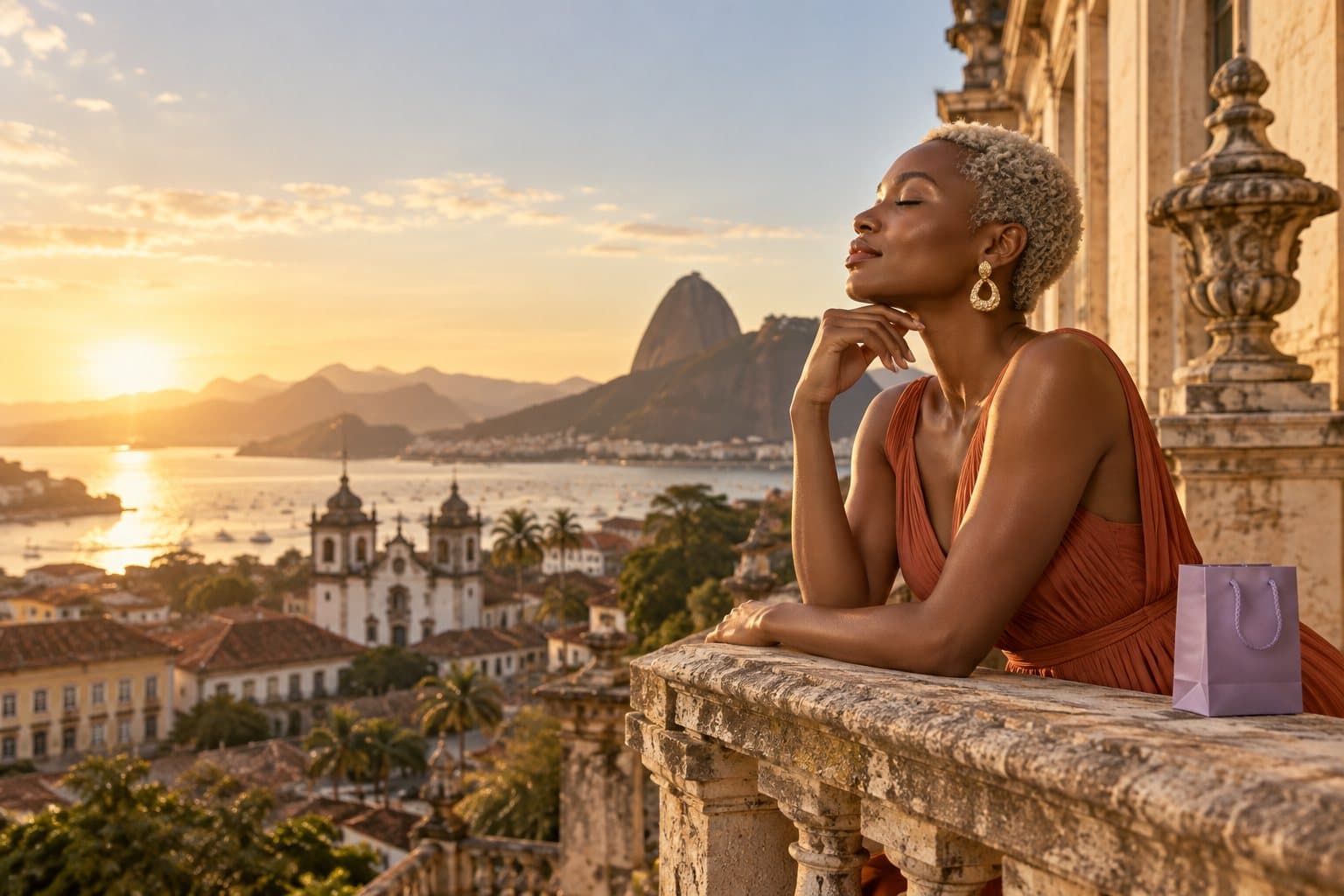 Mulher de olhos fechados num mirante sobre a Baía de Guanabara ao pôr do sol